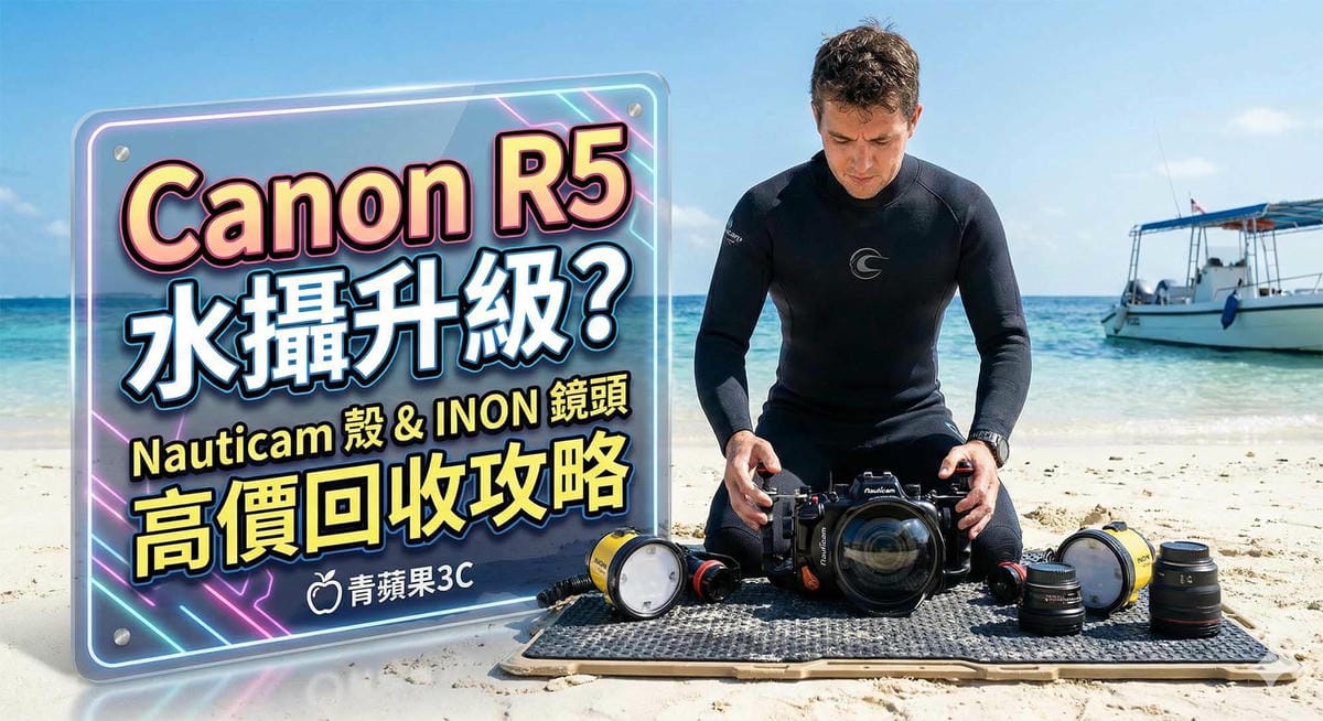 Canon EOS R5 相機裝配 Nauticam 潛水殼與 INON 鏡頭 / Canon EOS R5 camera equipped with Nauticam underwater housing and INON lens.